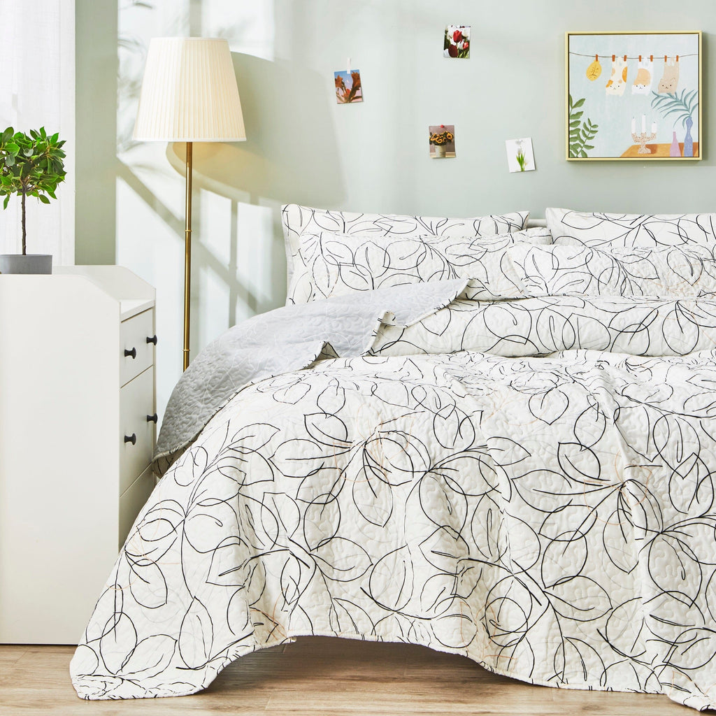 Tache Modern Abstract Leaf Line Art Foliage White Grey Black Gold Reversible Quilt Set (TJ357)