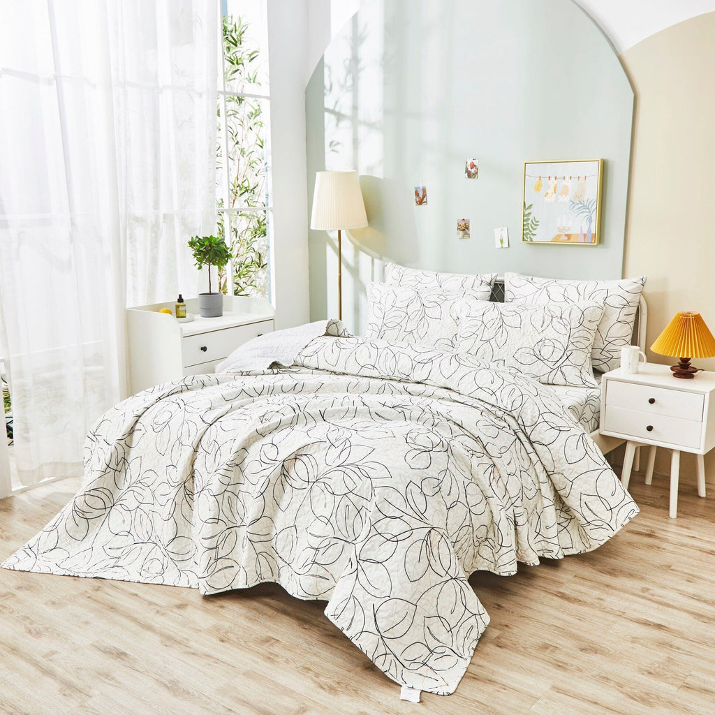 Tache Modern Abstract Leaf Line Art Foliage White Grey Black Gold Reversible Quilt Set (TJ357)