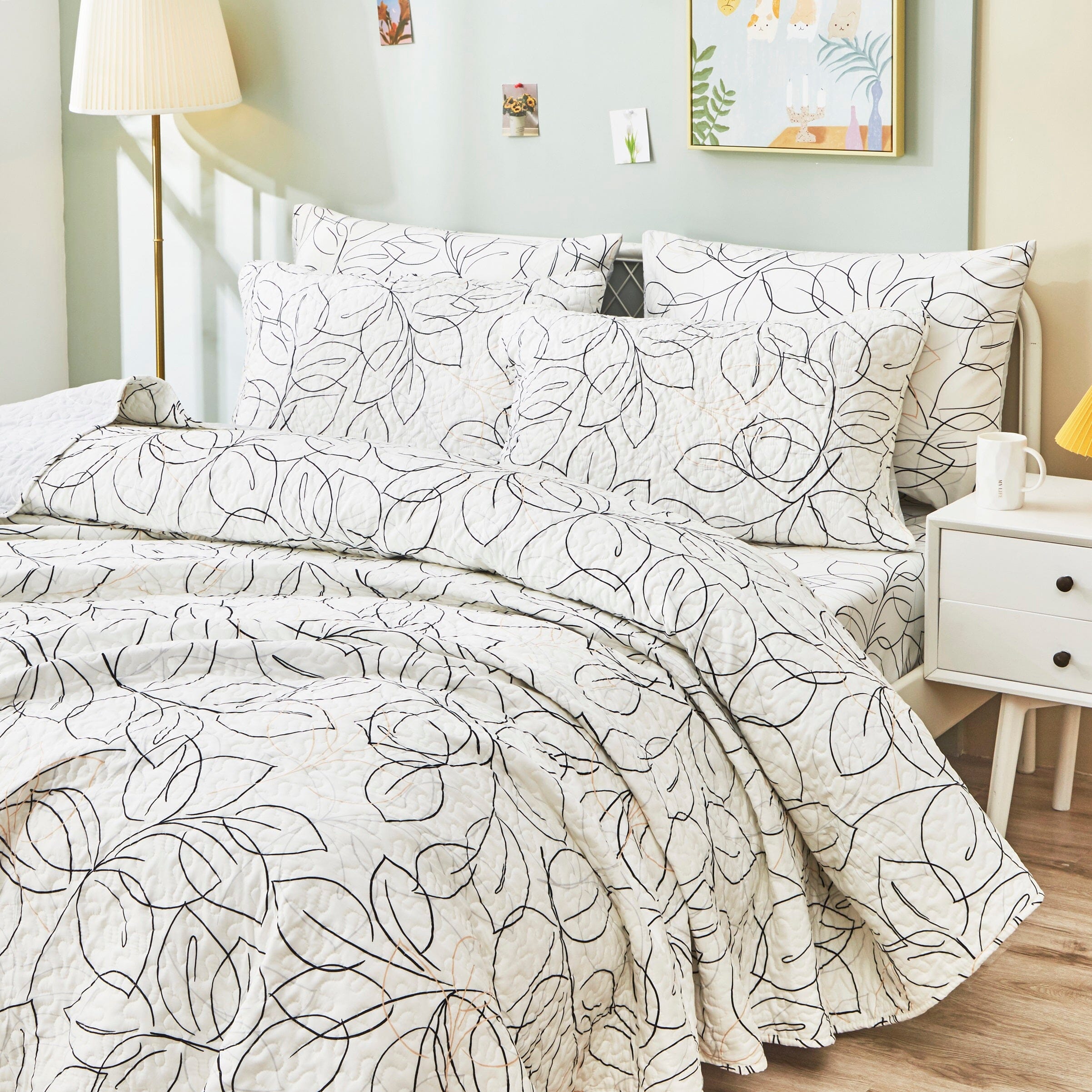 Tache Modern Abstract Leaf Line Art Foliage White Grey Black Gold Reversible Quilt Set (TJ357)