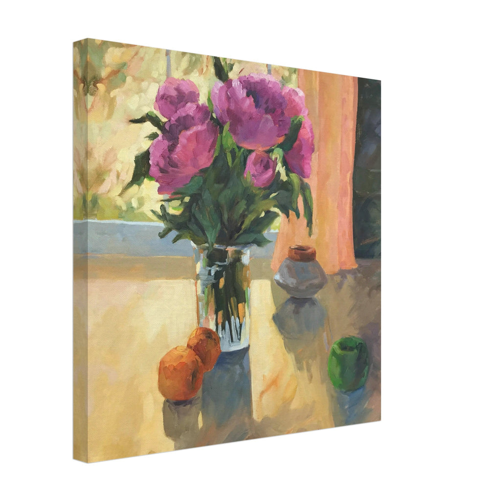 'Blooming Flowers and Fresh Fruit' Floral Still Life I 16x16 inch Art Print on Canvas I Original Artwork by American Artist Barbara Cleary