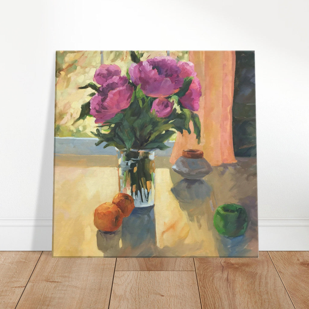 'Blooming Flowers and Fresh Fruit' Floral Still Life I 16x16 inch Art Print on Canvas I Original Artwork by American Artist Barbara Cleary