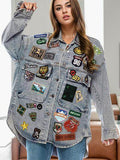 Embroidered Patch Button Up Long Sleeve Denim Jacket for Women