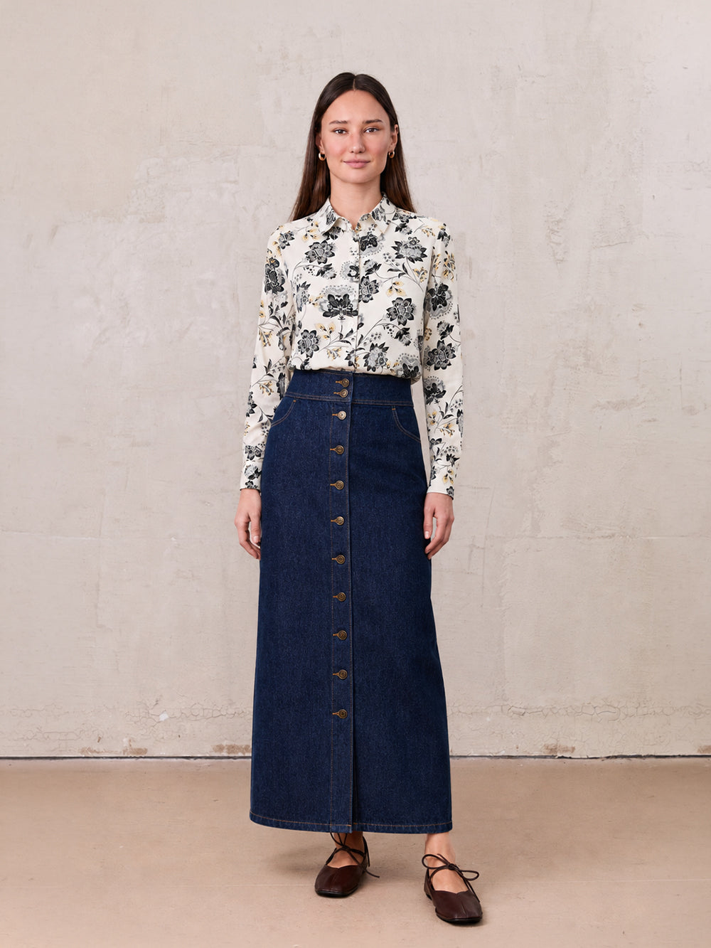 Button Down Denim Skirt-Deep Blue