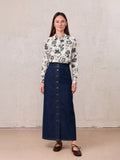 Button Down Denim Skirt-Deep Blue