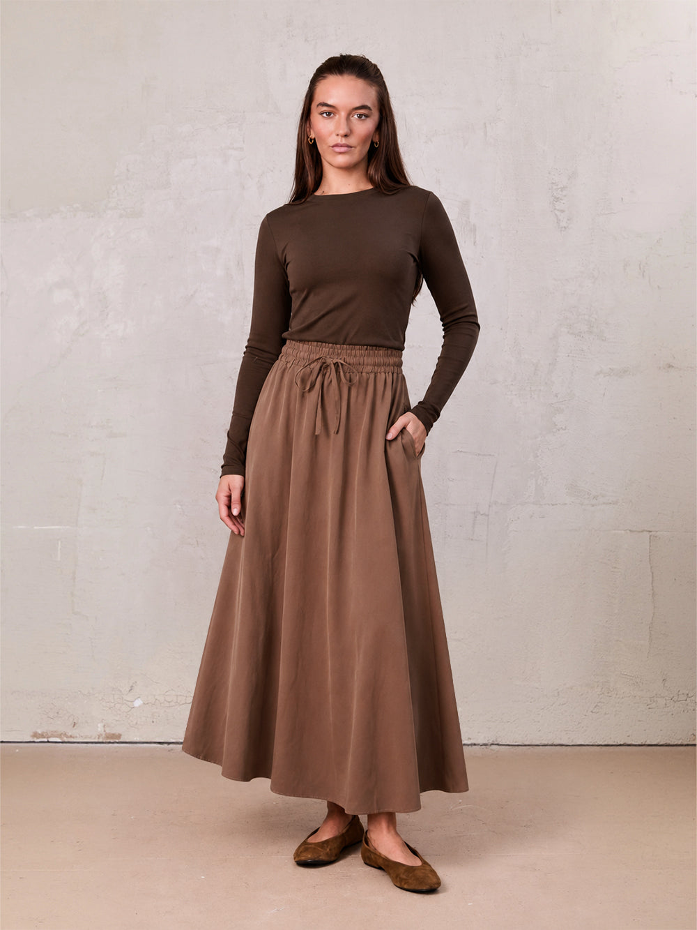 Drawstring Circle Skirt-Brown