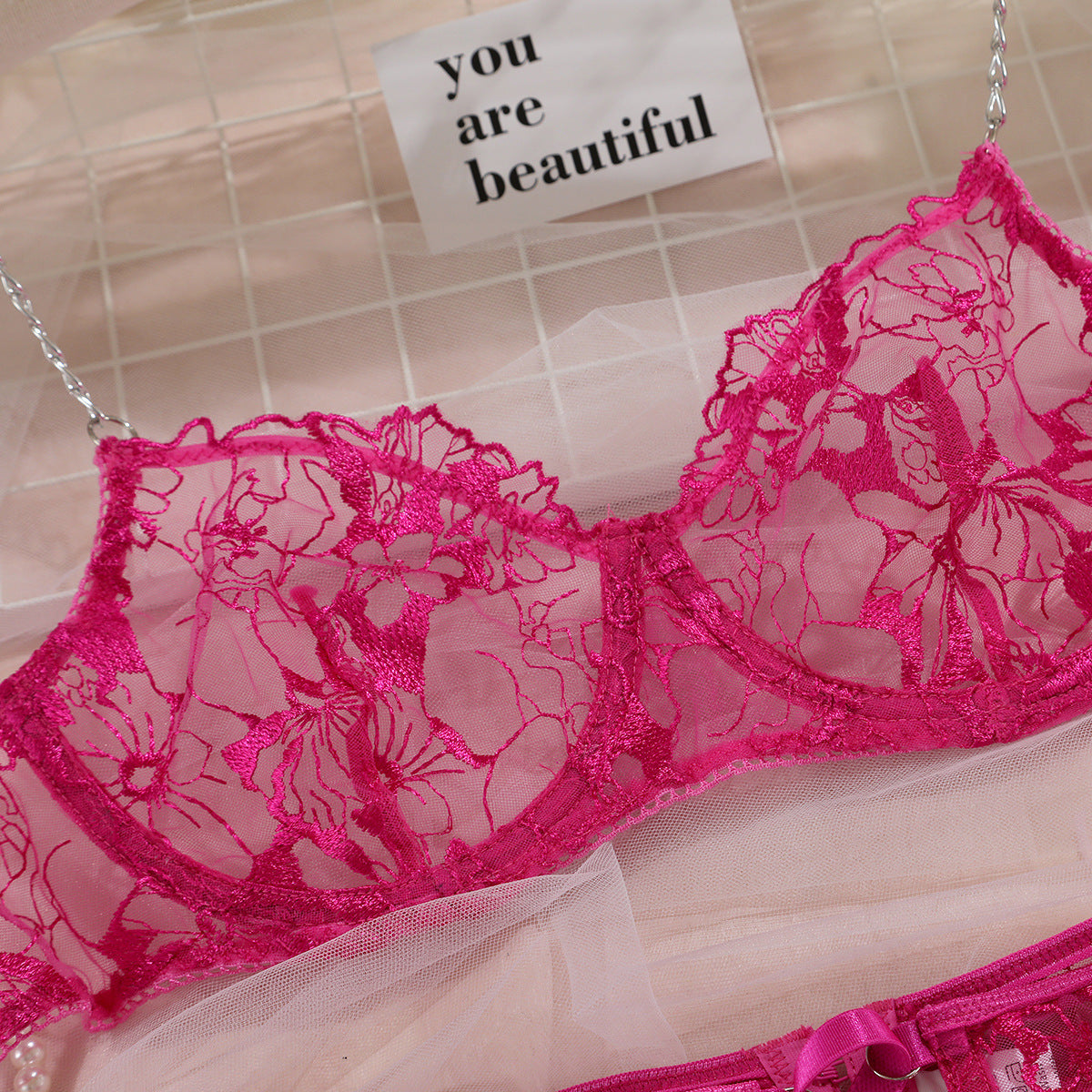 Ins Cross-Border Aliexpress Best-Selling Mesh Embroidered Hanging Chain Garter Cut Out Cross Sexy Lingerie Four-Piece Set