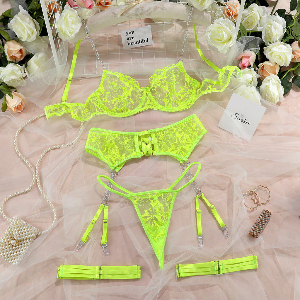 Ins Cross-Border Aliexpress Best-Selling Mesh Embroidered Hanging Chain Garter Cut Out Cross Sexy Lingerie Four-Piece Set