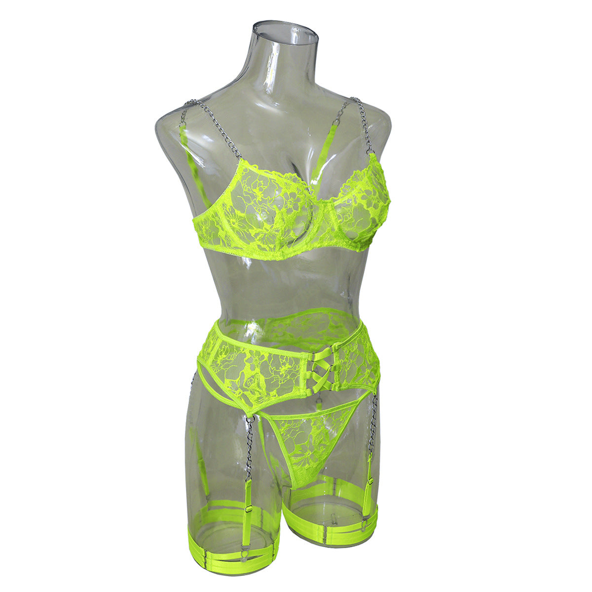 Ins Cross-Border Aliexpress Best-Selling Mesh Embroidered Hanging Chain Garter Cut Out Cross Sexy Lingerie Four-Piece Set
