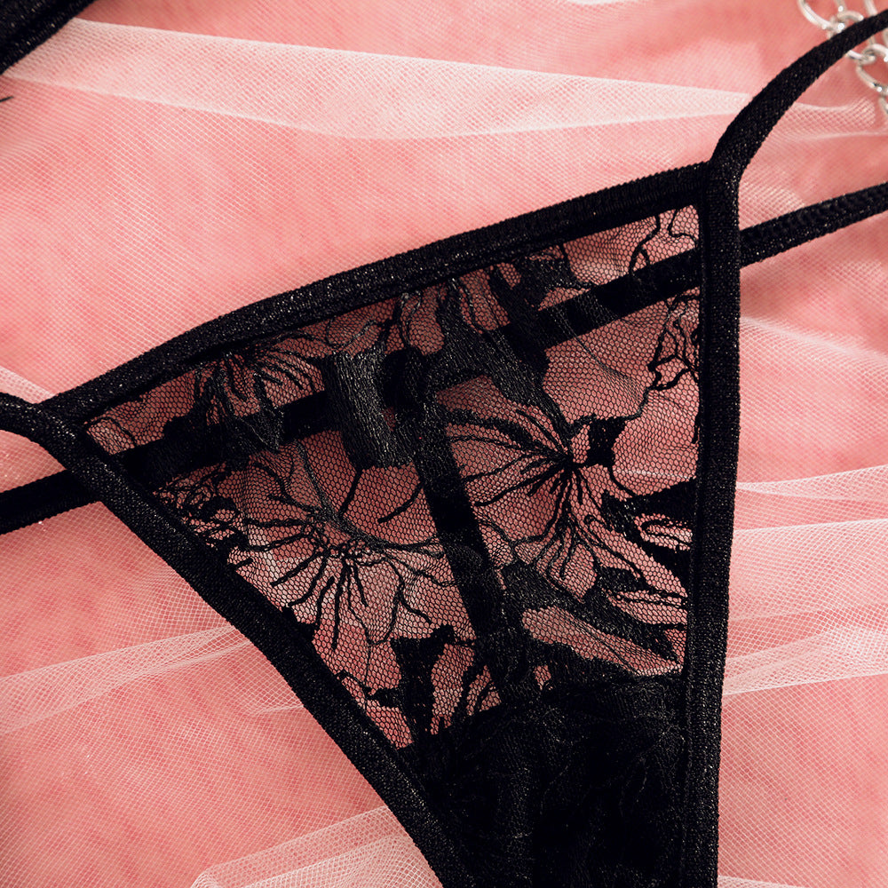 Ins Cross-Border Aliexpress Best-Selling Mesh Embroidered Hanging Chain Garter Cut Out Cross Sexy Lingerie Four-Piece Set