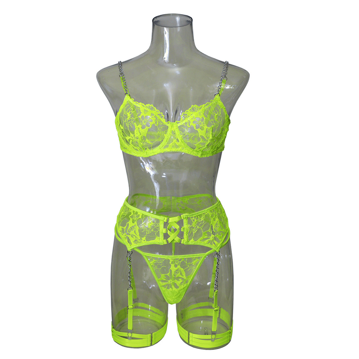 Ins Cross-Border Aliexpress Best-Selling Mesh Embroidered Hanging Chain Garter Cut Out Cross Sexy Lingerie Four-Piece Set