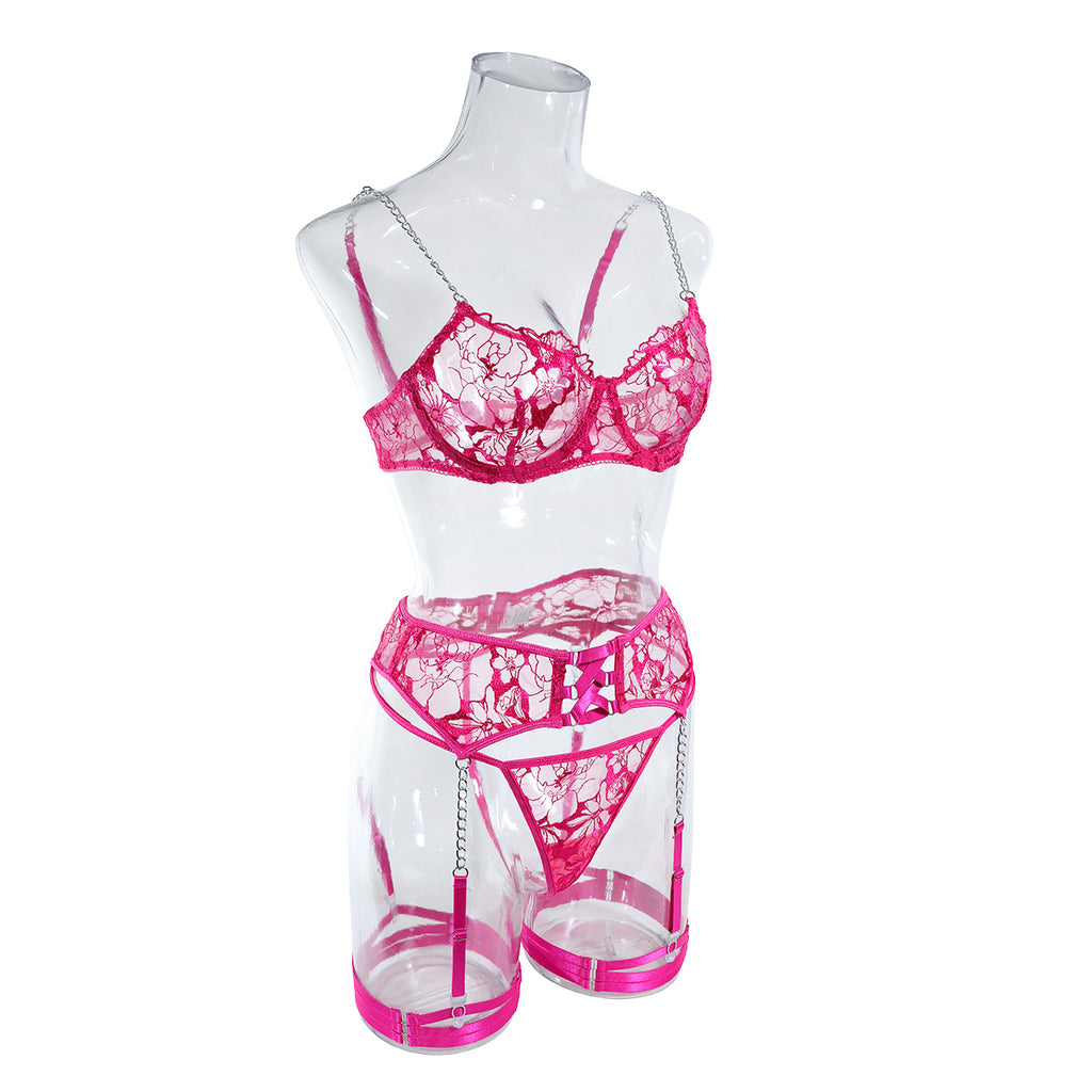 Ins Cross-Border Aliexpress Best-Selling Mesh Embroidered Hanging Chain Garter Cut Out Cross Sexy Lingerie Four-Piece Set
