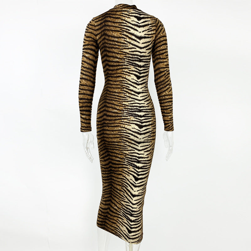 2025 cross-border autumn and winter new women's clothing Amazon European and American fashion leopard print long sleeve sexy slim dress