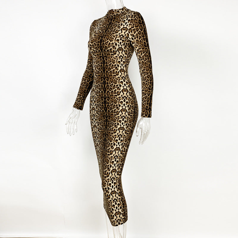 2025 cross-border autumn and winter new women's clothing Amazon European and American fashion leopard print long sleeve sexy slim dress