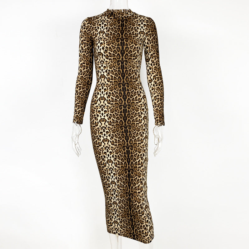 2025 cross-border autumn and winter new women's clothing Amazon European and American fashion leopard print long sleeve sexy slim dress