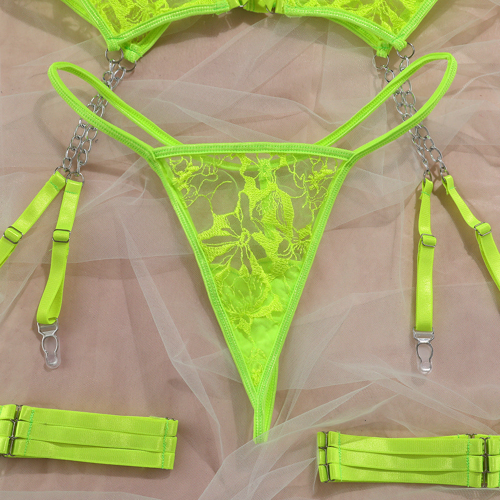 Ins Cross-Border Aliexpress Best-Selling Mesh Embroidered Hanging Chain Garter Cut Out Cross Sexy Lingerie Four-Piece Set