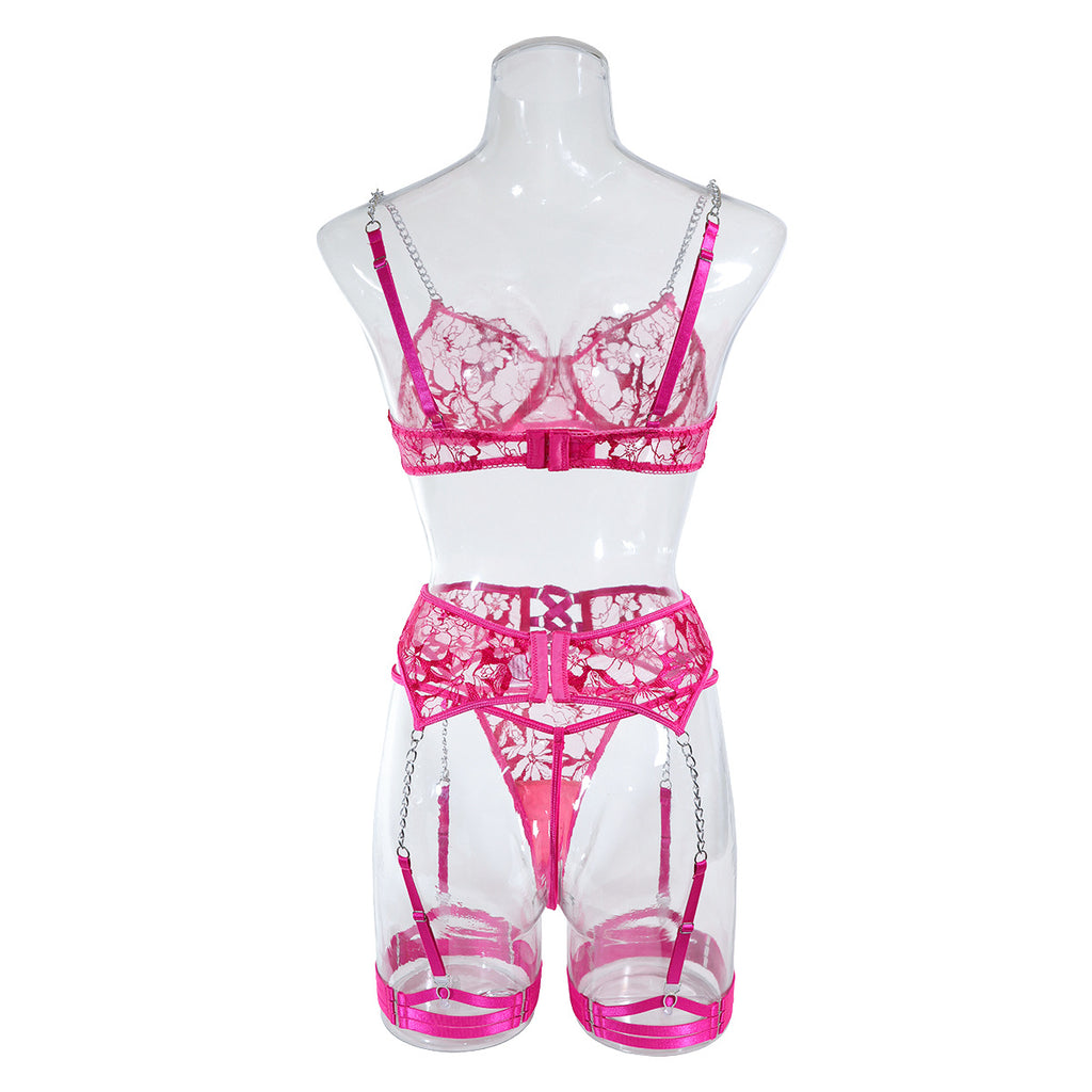 Ins Cross-Border Aliexpress Best-Selling Mesh Embroidered Hanging Chain Garter Cut Out Cross Sexy Lingerie Four-Piece Set