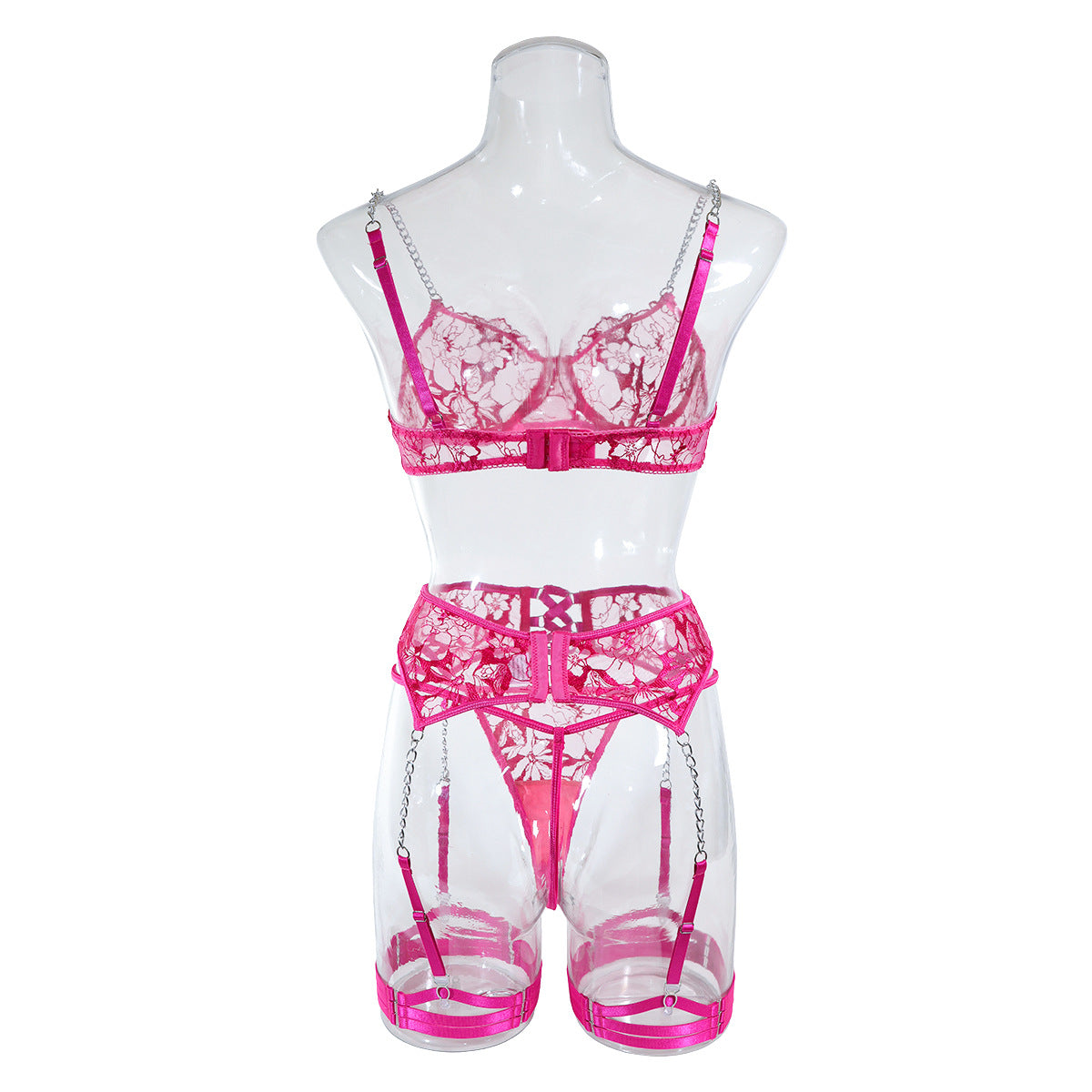 Ins Cross-Border Aliexpress Best-Selling Mesh Embroidered Hanging Chain Garter Cut Out Cross Sexy Lingerie Four-Piece Set