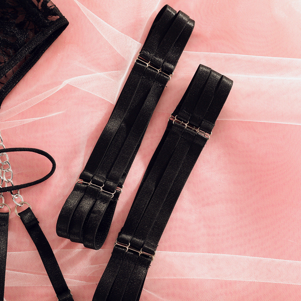 Ins Cross-Border Aliexpress Best-Selling Mesh Embroidered Hanging Chain Garter Cut Out Cross Sexy Lingerie Four-Piece Set