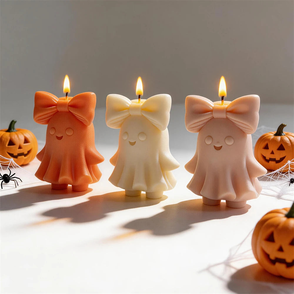 Trick or Treat Cute Bowknot Ghost Figurine Silicone Candle Mold Halloween Decor Ghost Resin Plaster Soap Silicone Mold