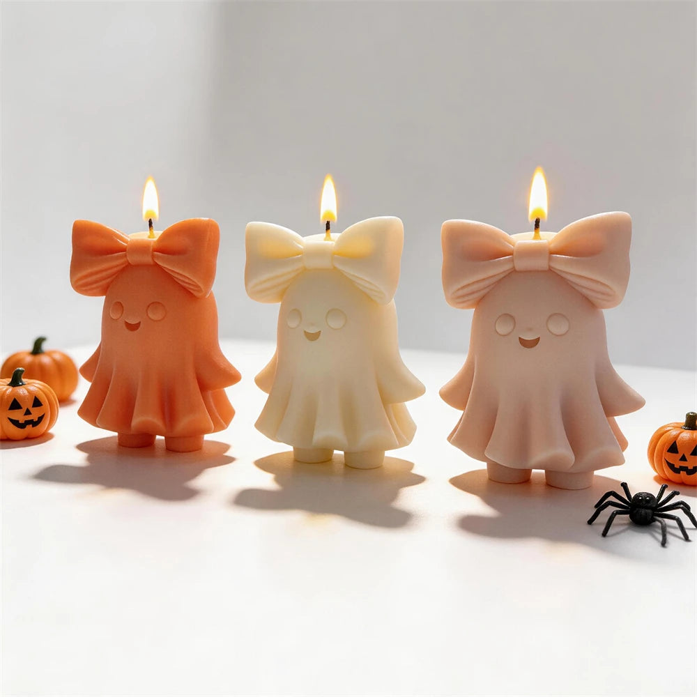 Trick or Treat Cute Bowknot Ghost Figurine Silicone Candle Mold Halloween Decor Ghost Resin Plaster Soap Silicone Mold
