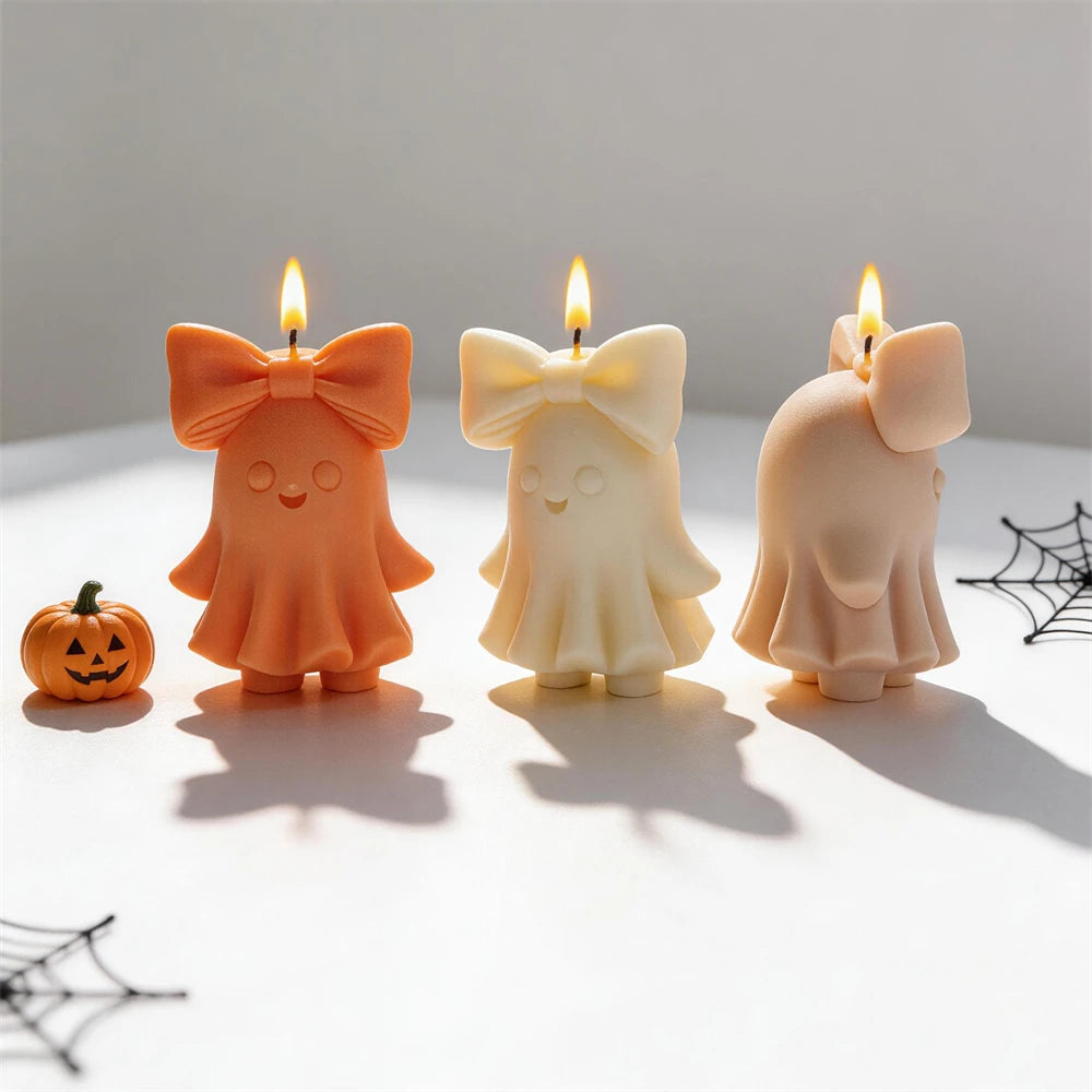 Trick or Treat Cute Bowknot Ghost Figurine Silicone Candle Mold Halloween Decor Ghost Resin Plaster Soap Silicone Mold