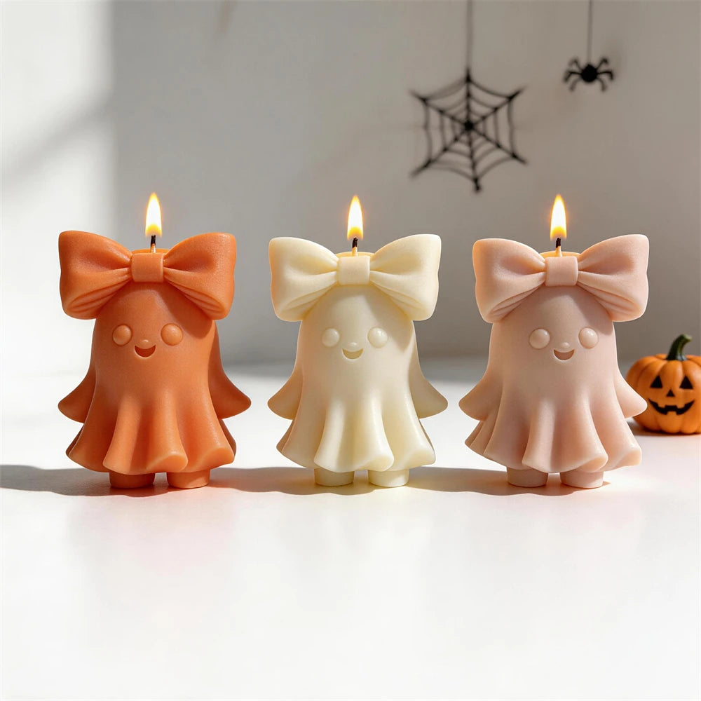 Trick or Treat Cute Bowknot Ghost Figurine Silicone Candle Mold Halloween Decor Ghost Resin Plaster Soap Silicone Mold