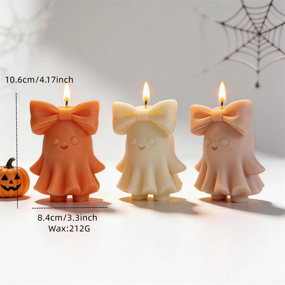 Trick or Treat Cute Bowknot Ghost Figurine Silicone Candle Mold Halloween Decor Ghost Resin Plaster Soap Silicone Mold