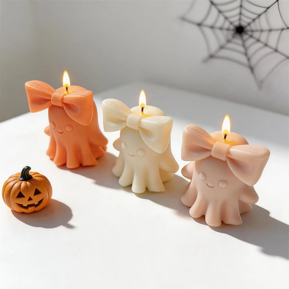 Trick or Treat Cute Bowknot Ghost Figurine Silicone Candle Mold Halloween Decor Ghost Resin Plaster Soap Silicone Mold