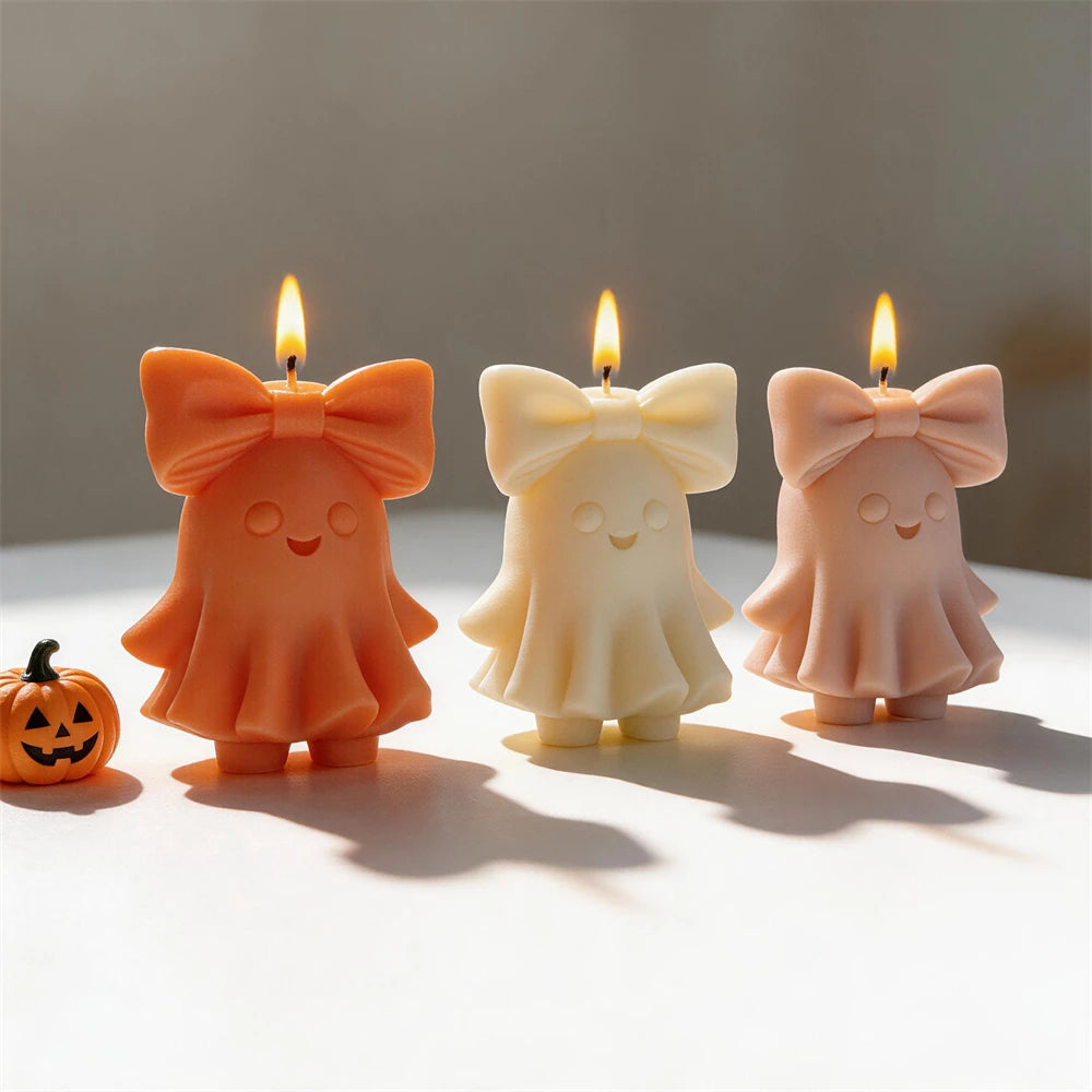 Trick or Treat Cute Bowknot Ghost Figurine Silicone Candle Mold Halloween Decor Ghost Resin Plaster Soap Silicone Mold