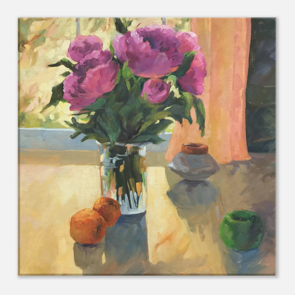 'Blooming Flowers and Fresh Fruit' Floral Still Life I 16x16 inch Art Print on Canvas I Original Artwork by American Artist Barbara Cleary