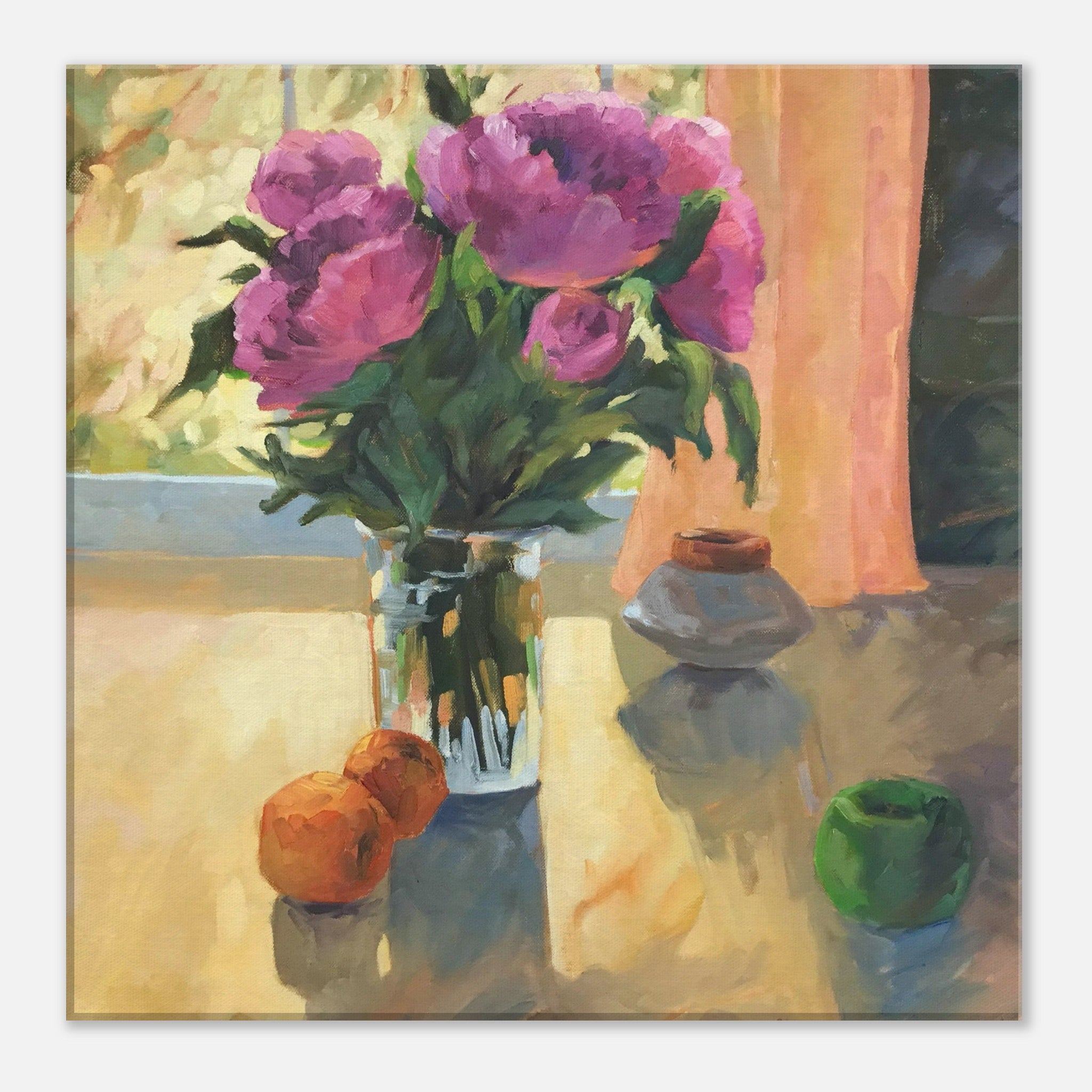 'Blooming Flowers and Fresh Fruit' Floral Still Life I 16x16 inch Art Print on Canvas I Original Artwork by American Artist Barbara Cleary
