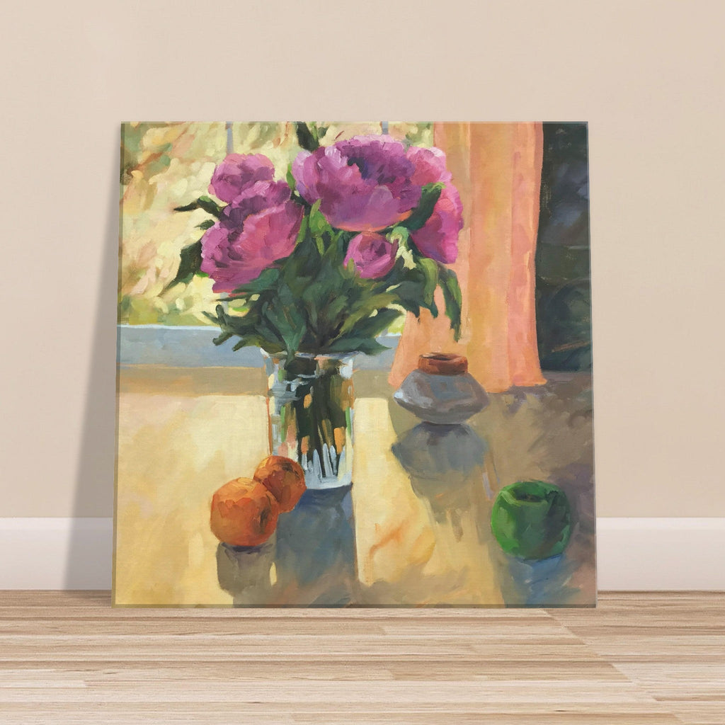 'Blooming Flowers and Fresh Fruit' Floral Still Life I 16x16 inch Art Print on Canvas I Original Artwork by American Artist Barbara Cleary