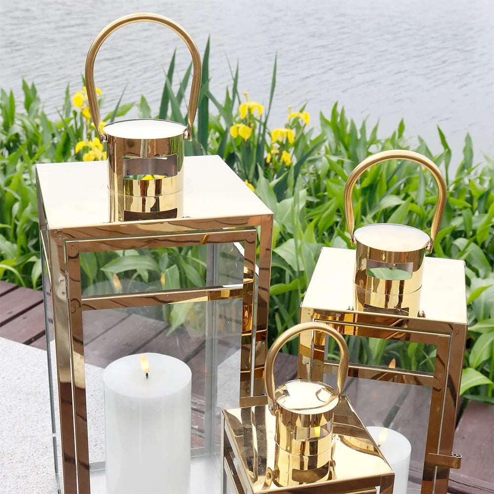 Set of 3 Stainless Steel Lantern  (12/15/19'') -Gold-2