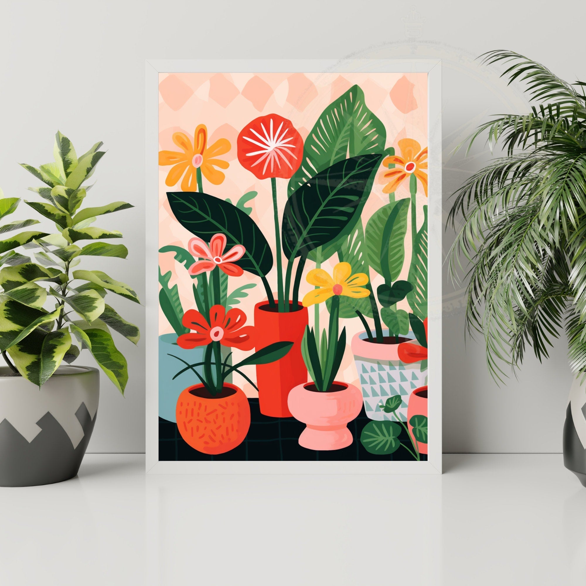 Impression Plantes  | Affiche géométrique colorée de plantes  | Vases et plantes-1