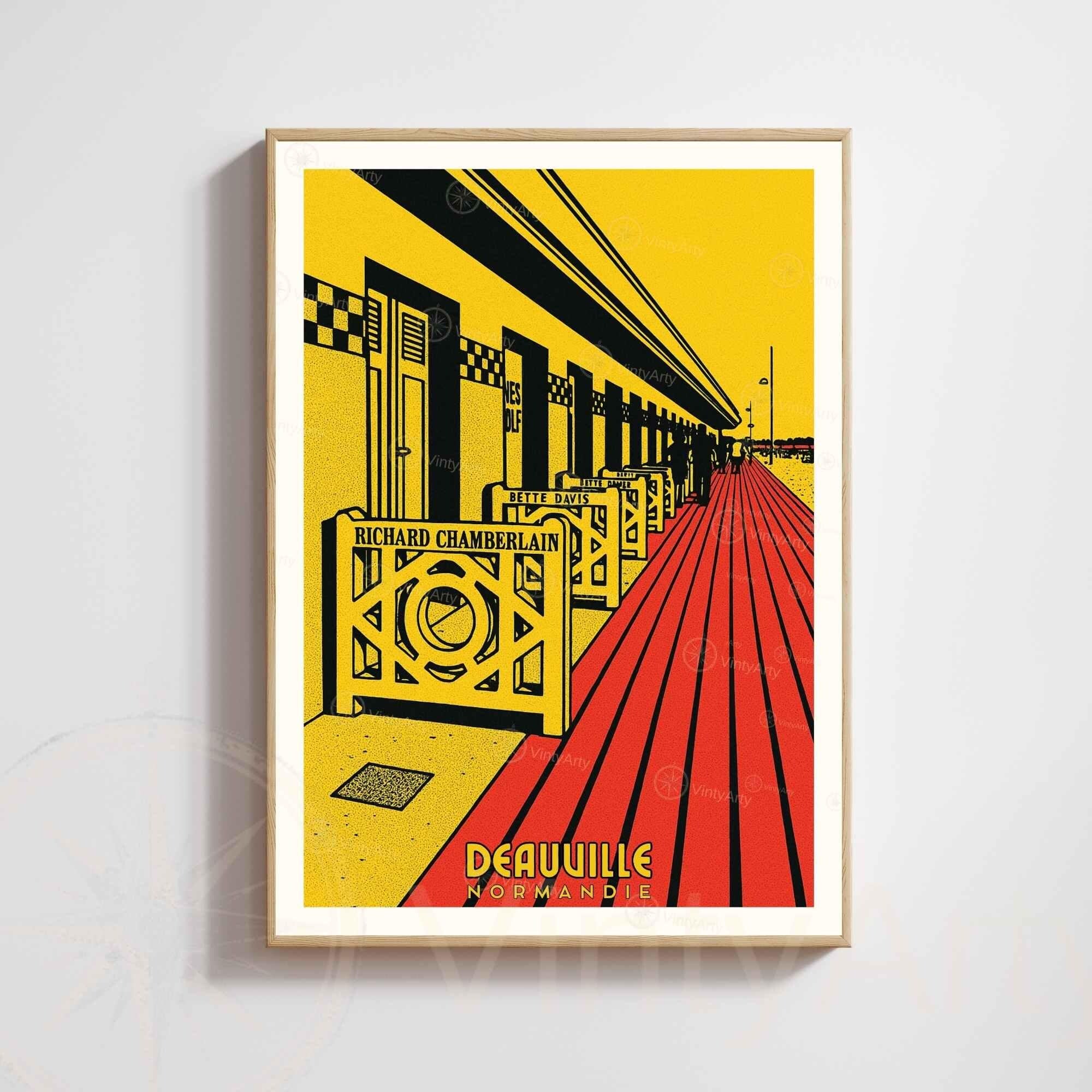 Affiche Deauville Les Planches – Poster vintage Normandie pop art rétro, décoration murale chic, cabines de plage, idée cadeau-0