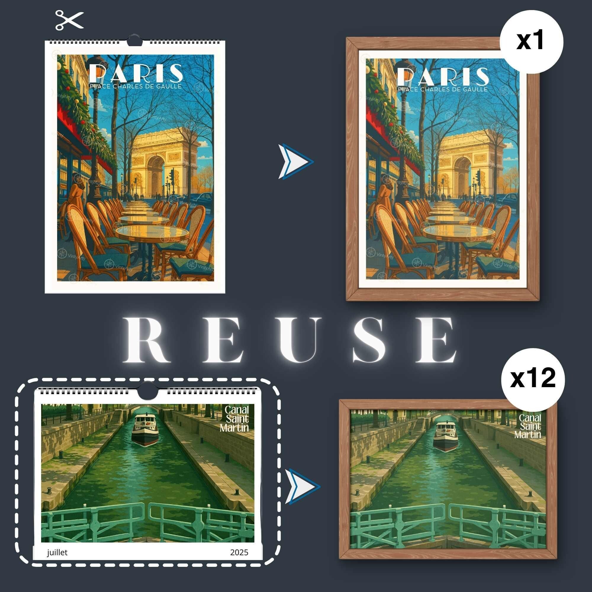Calendrier mural 2026 Paris | Calendrier Paris, France | Calendrier Réutilisable en affiches déco-2
