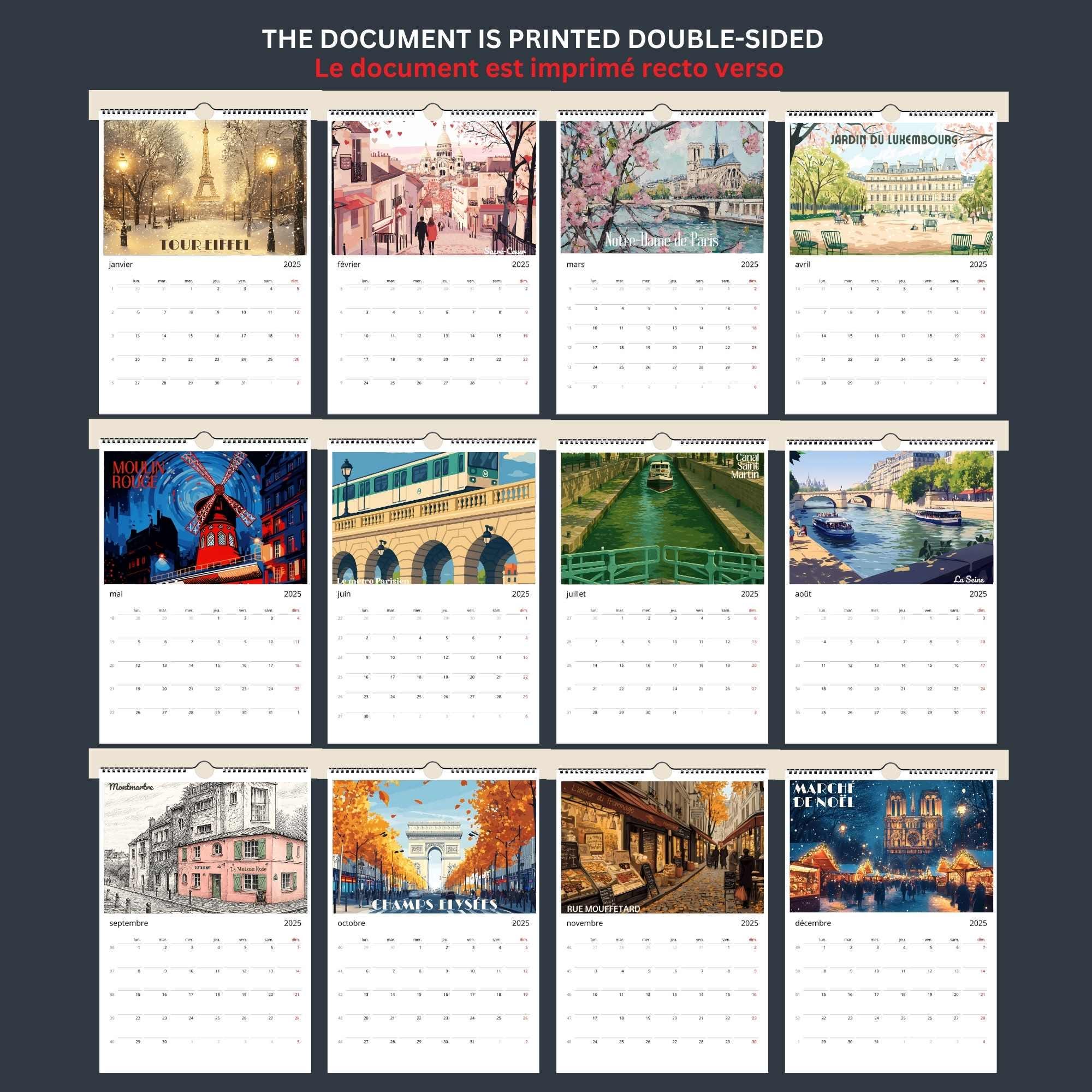 Calendrier mural 2026 Paris | Calendrier Paris, France | Calendrier Réutilisable en affiches déco-3