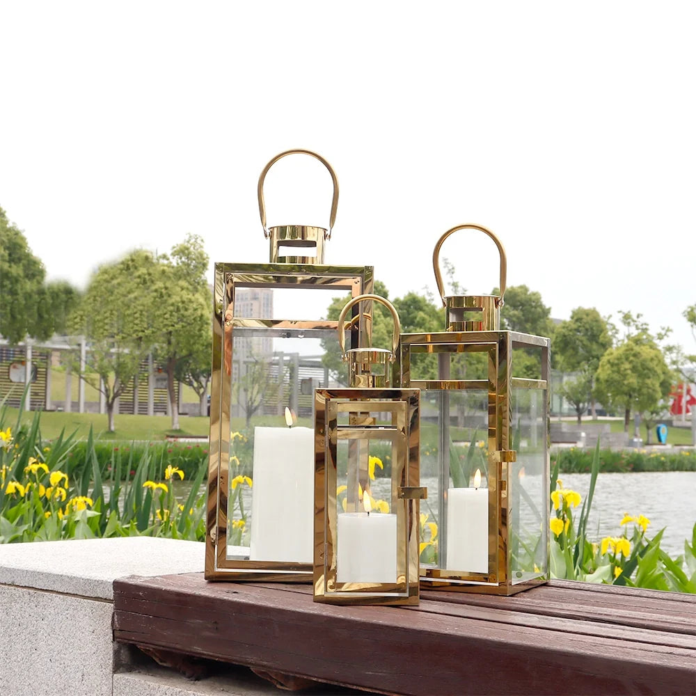 Set of 3 Stainless Steel Lantern  (12/15/19'') -Gold-4