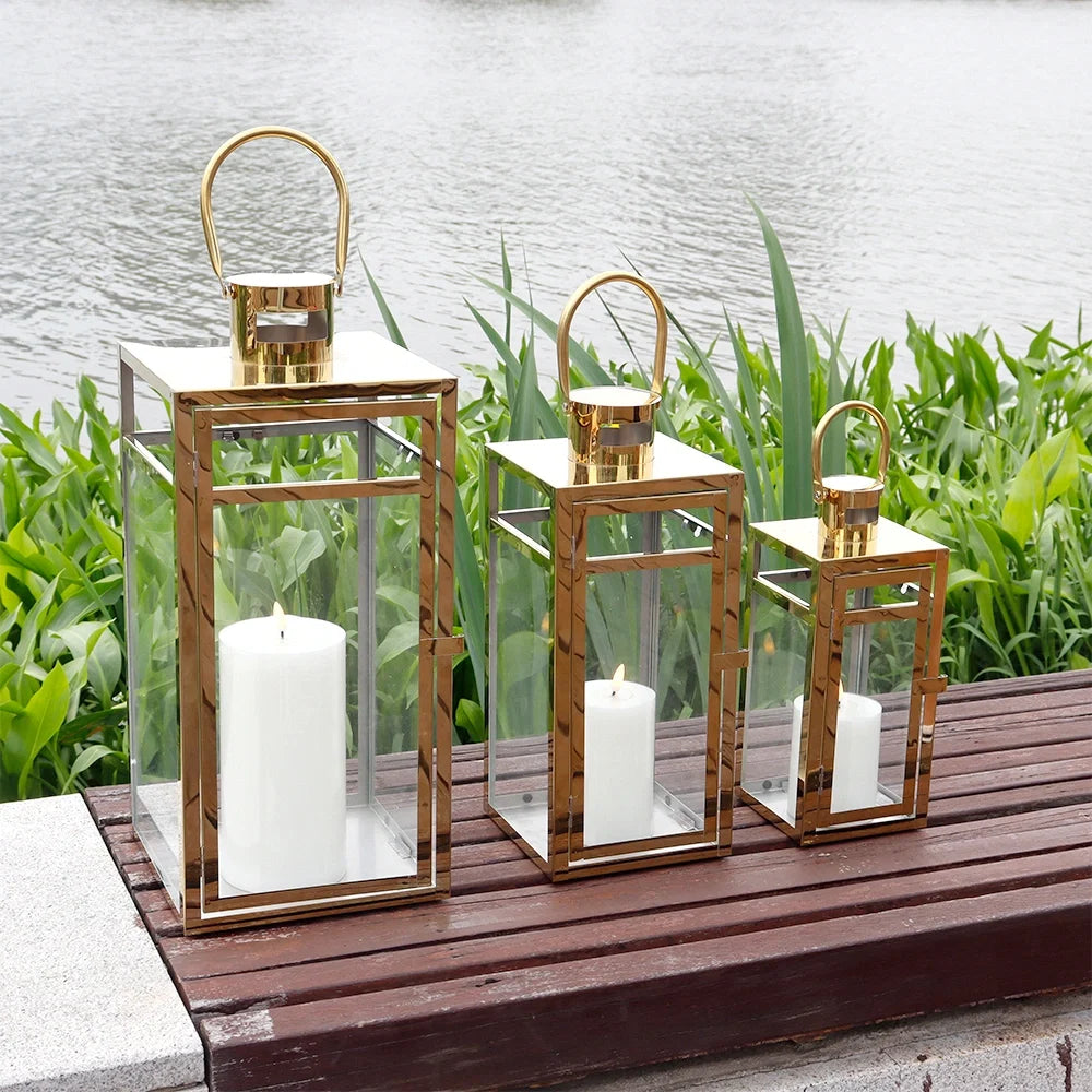 Set of 3 Stainless Steel Lantern  (12/15/19'') -Gold-0