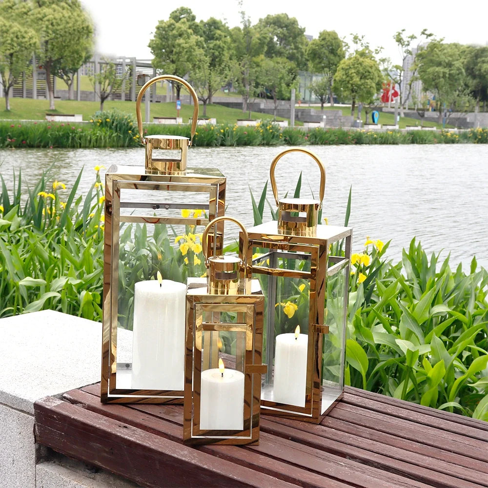 Set of 3 Stainless Steel Lantern  (12/15/19'') -Gold-1
