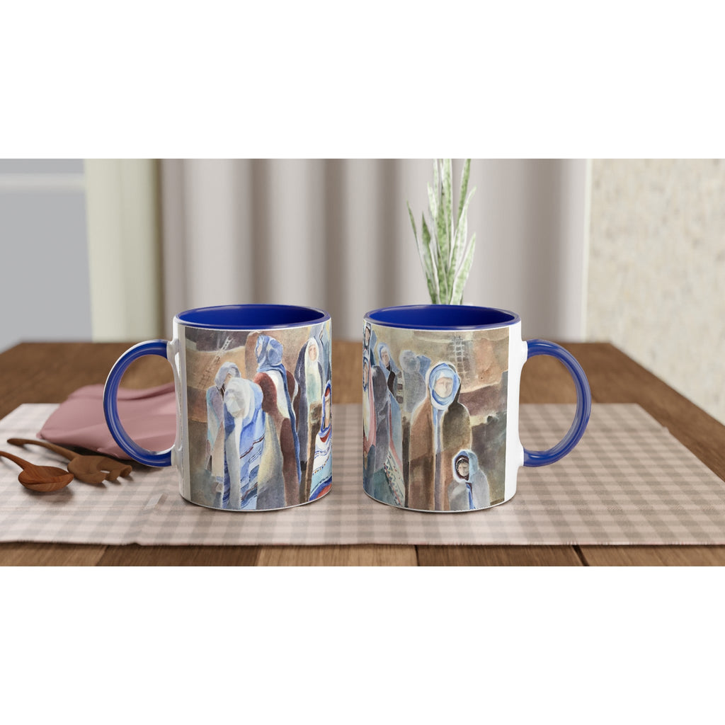 11oz White Ceramic Mug with Color Inside | Coffee Cup with 'Pueblo People' Southwestern Artwork by American Artist Barbara Cleary