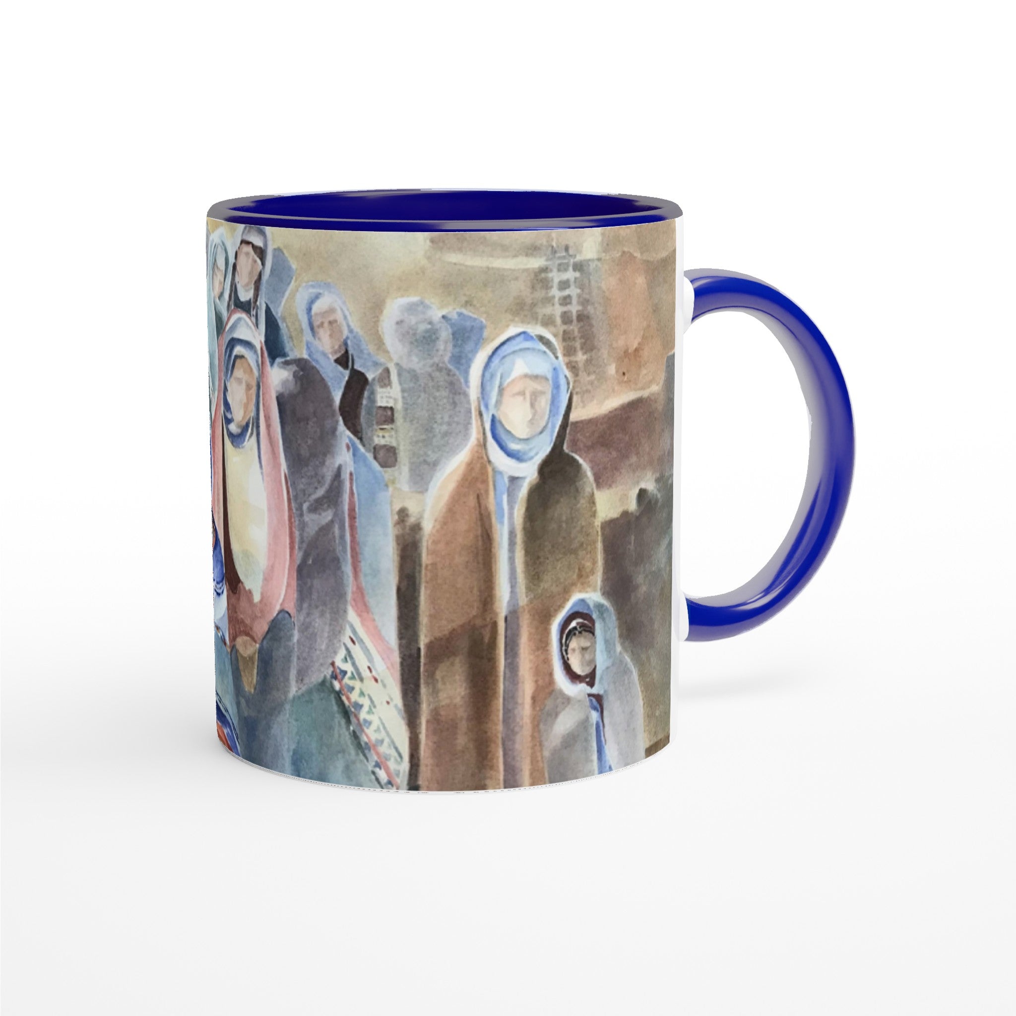 11oz White Ceramic Mug with Color Inside | Coffee Cup with 'Pueblo People' Southwestern Artwork by American Artist Barbara Cleary